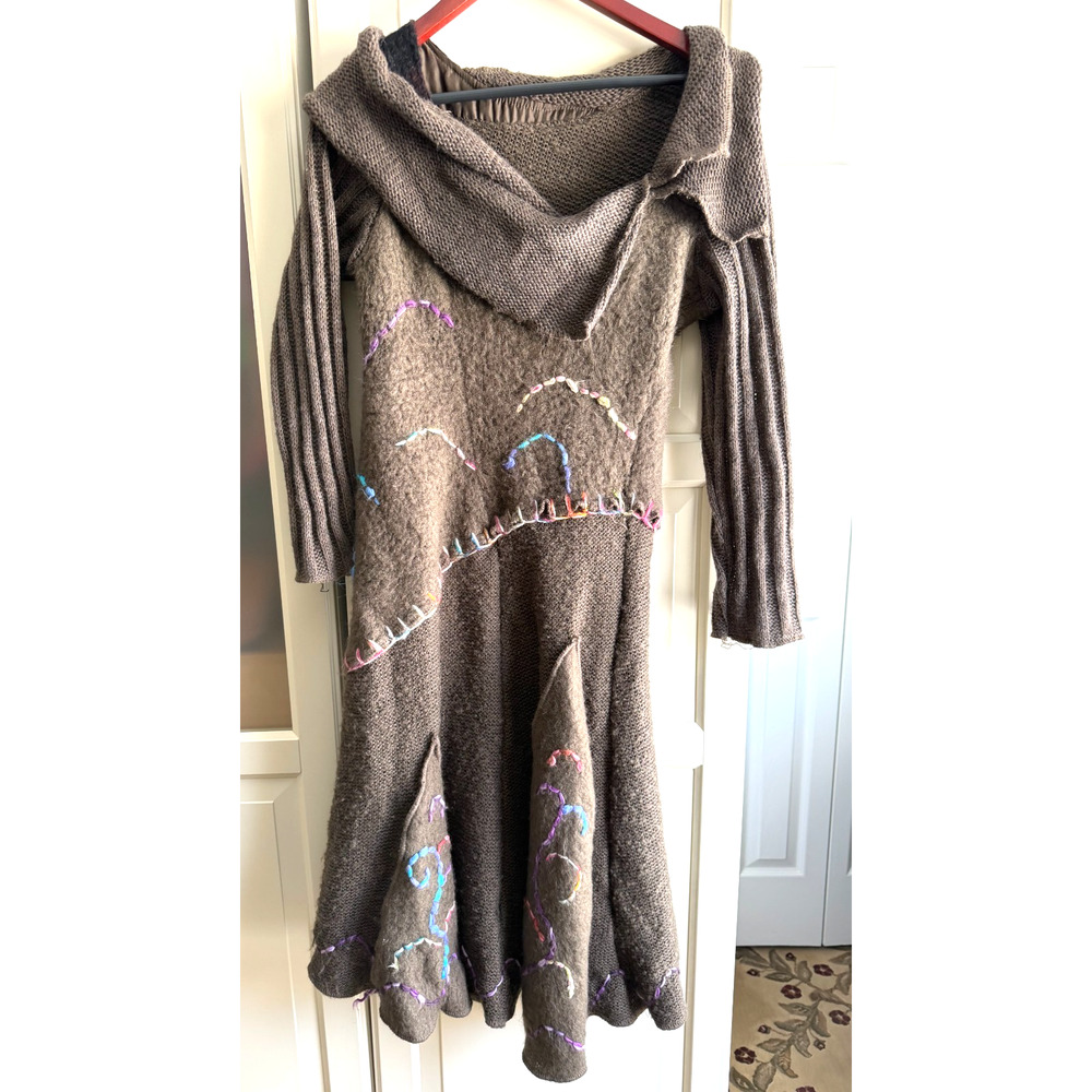 Y2K Midi embroidered sweater dress Ruffle Whimsy goth Lagenlook Art Brown Sz S/M - Picture 2 of 14